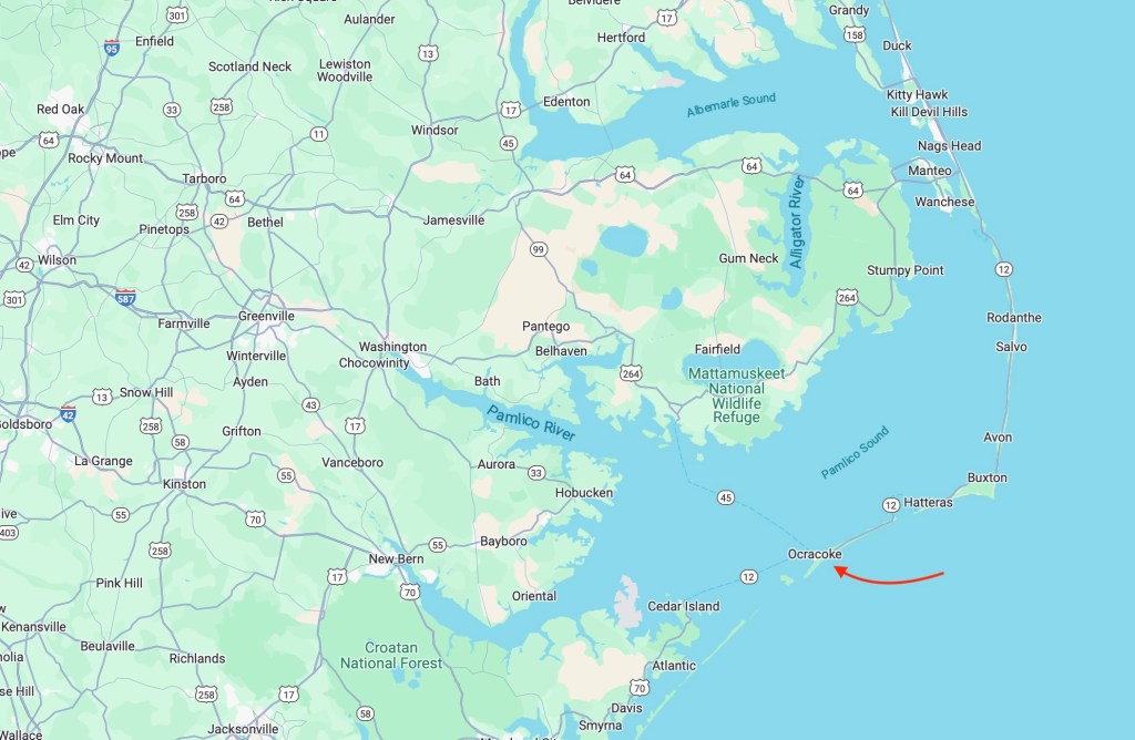 Map showing location of Ocracoke, on the southern end of the Outer Banks in North Carolina